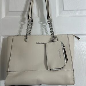 Calvin Klein Cream Shoulder Bag with Chain Straps and detachable pouch